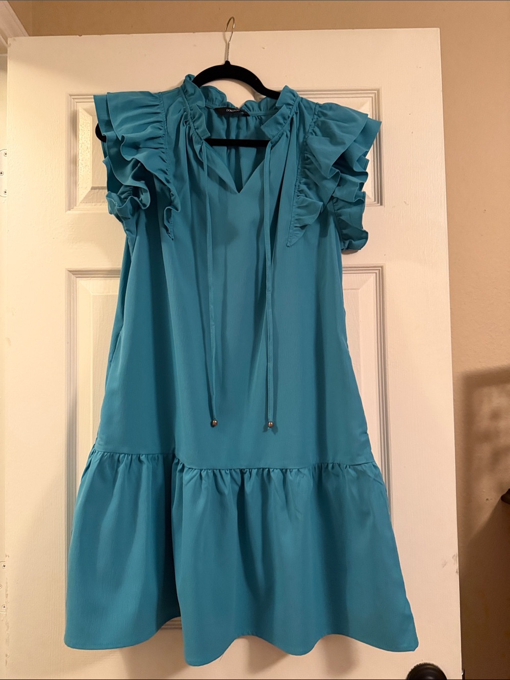 Ruffled Tie-Neck Mini Dress in Turquoise